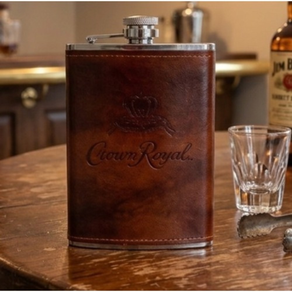 Crown Royal 8oz Stainless Steel Hip Flask Brown Faux Leather Wrap Embossed Logo